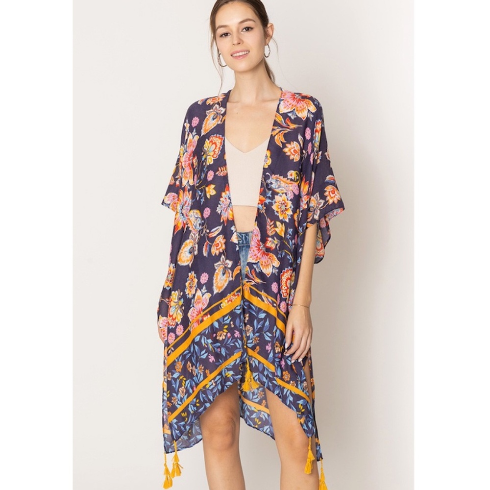 Floral Navy Kimono Cover-Up with Yellow Trim